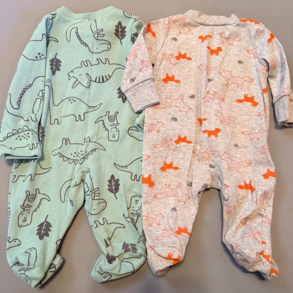 Carter's Newborn Baby Boy Footie Pajamas Set of 2 Dinosaur‎ Fox Mint Gray NB